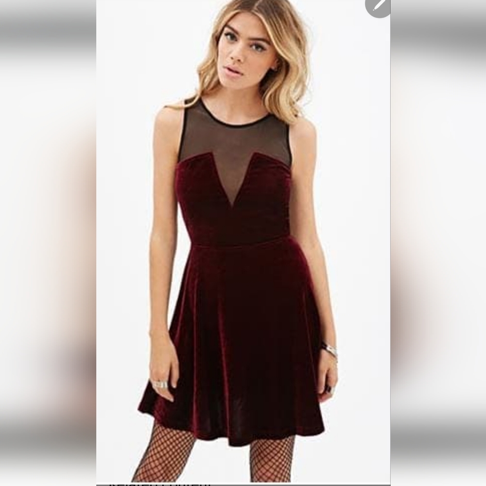 NWOT Forever 21 Velvet Mesh Paneled Skater Dress